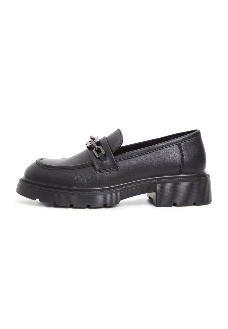 A trendy pair of women's black leather loafers with a block heel, the perfect fashionable shoes for any occasion.