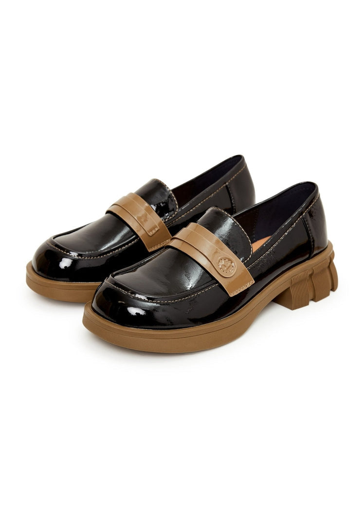 A stylish pair of black patent leather loafers, perfect for a formal look.