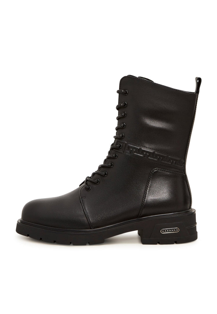 A pair of stylish black leather ankle boots with a block heel, perfect for casual and trendy outfits.