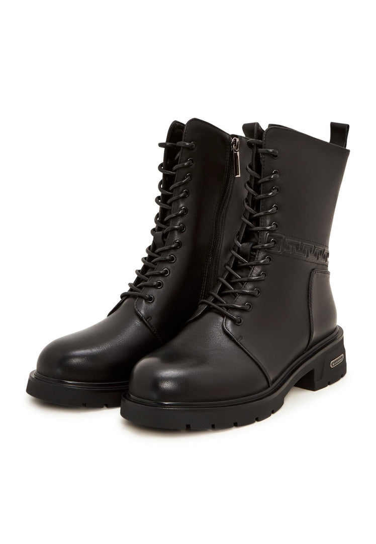 A stylish pair of black leather ankle boots with a chic block heel, perfect for casual wear.