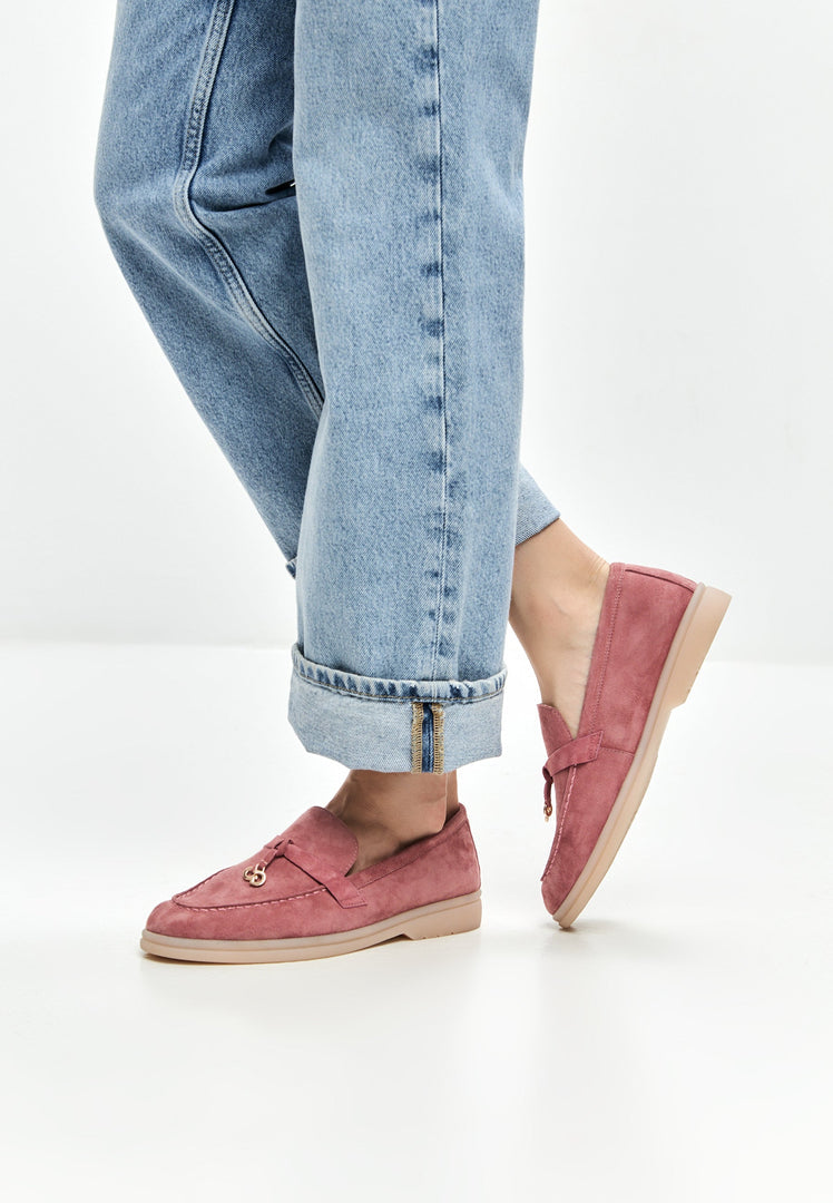 A pair of stunning pink Aurelia Women's Moccasins with a fashionable platform design.