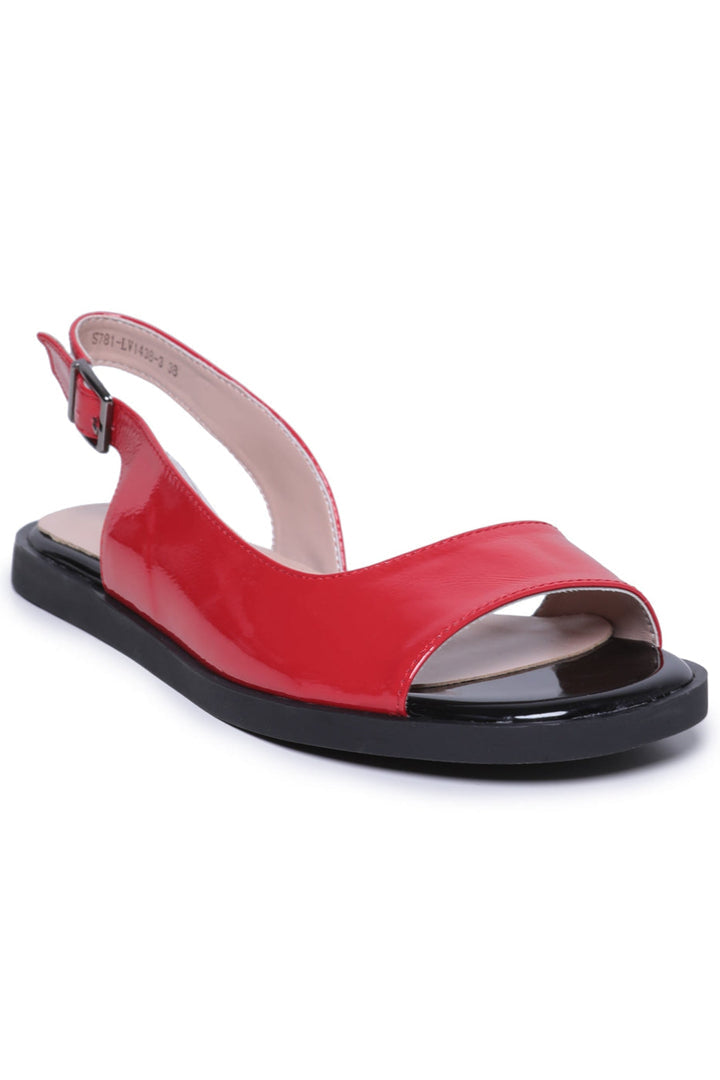 A pair of stylish slingback flats in glossy black, perfect for women's footwear fashion.