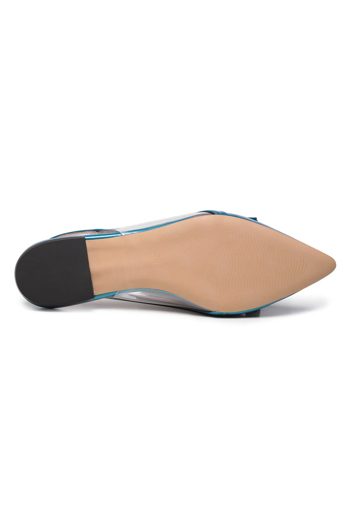 A close-up image of women's blue slingback shoes with a cute bow detail on the back, perfect for adding a touch of glam to your outfit.