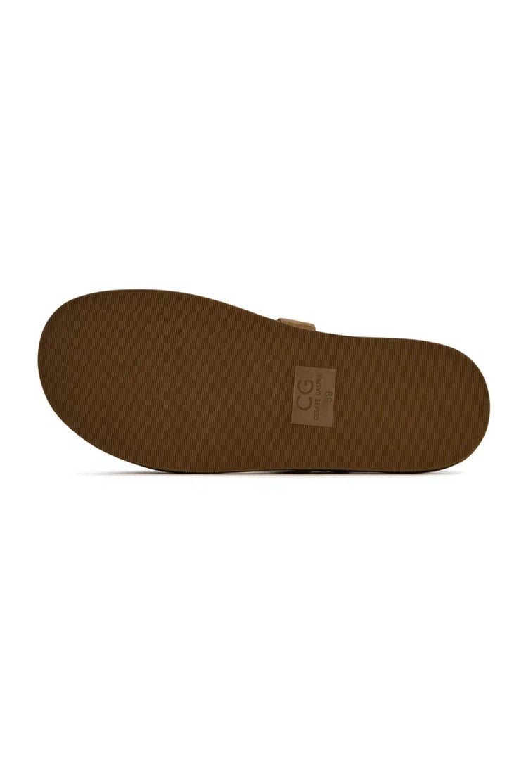 A pair of women's brown suede sandals with velcro fastening, offering casual comfort.