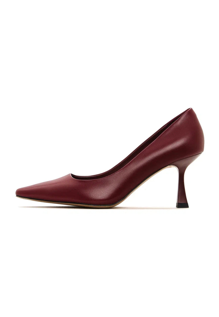A stylish pair of Bordeaux leather pumps, classic and designer heels perfect for any occasion.