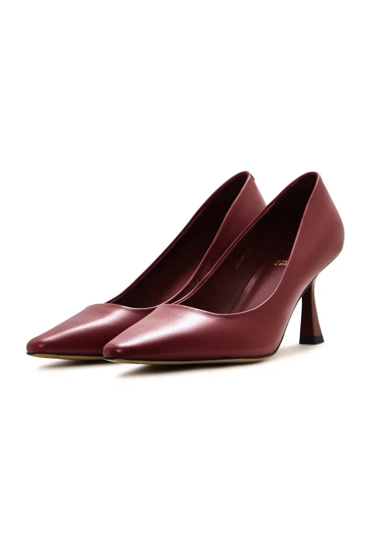 A stylish pair of Bordeaux leather pumps, classic designer heels perfect for any occasion.