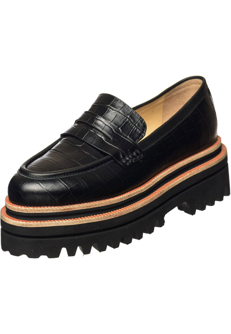 Croc-Embossed Platform Loafers - Black