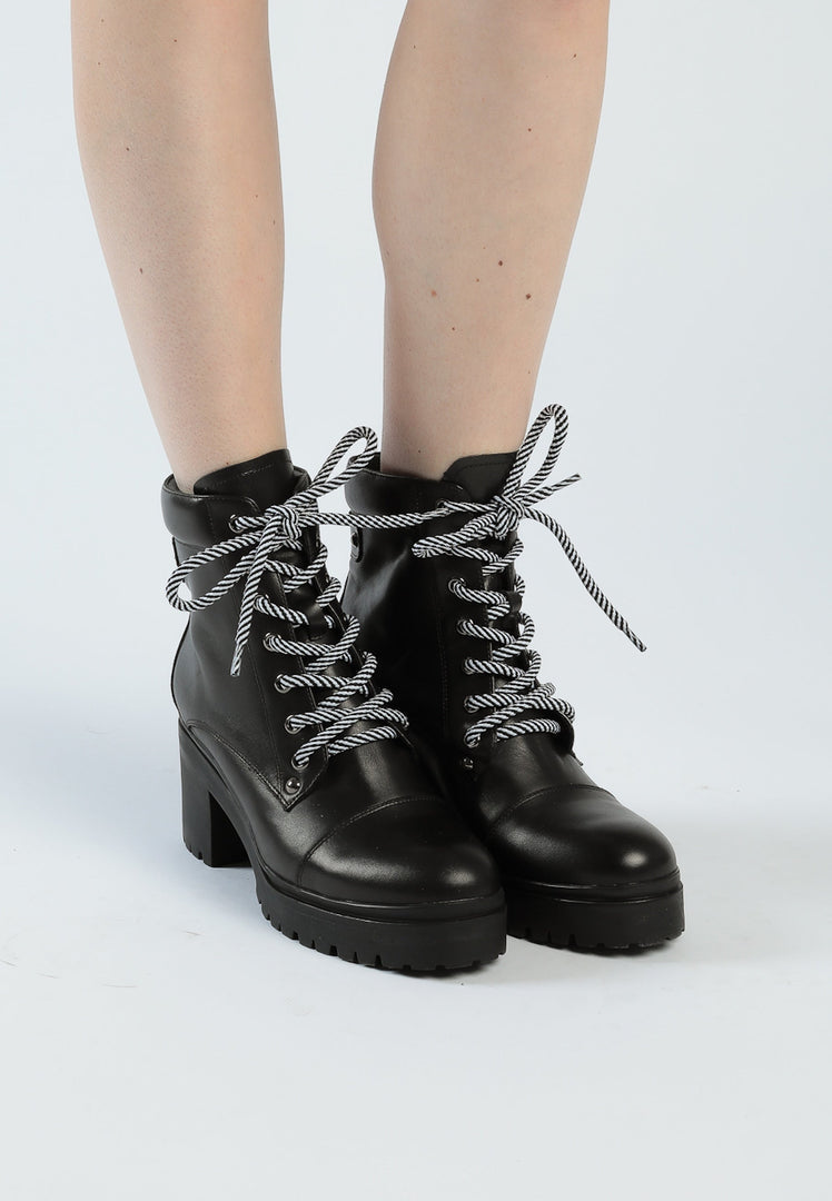 Lace-Up Ankle Boots with Heel - Black