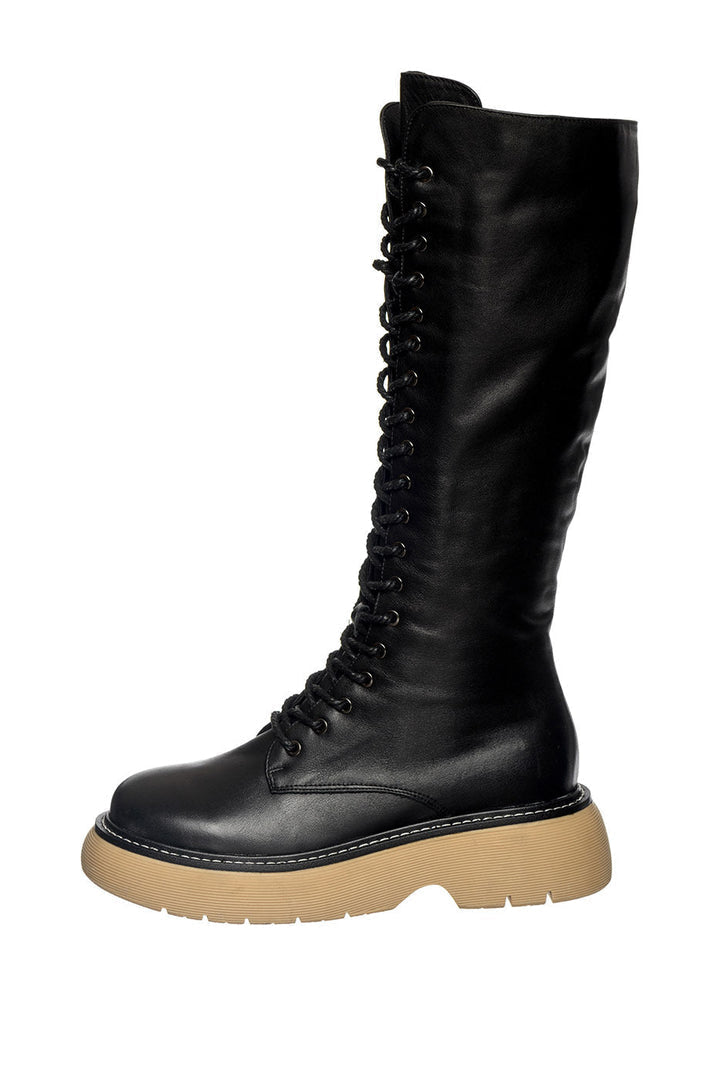 A pair of stylish knee-high leather lace-up boots perfect for any outfit.