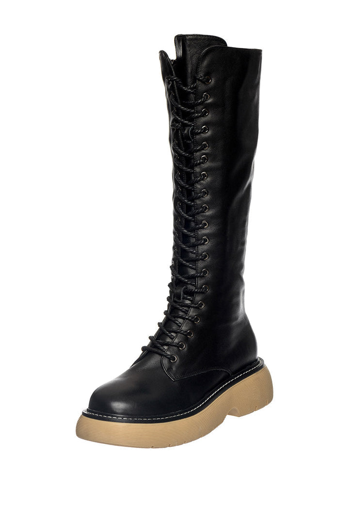 A stylish pair of knee-high leather lace-up boots, perfect for any outfit.