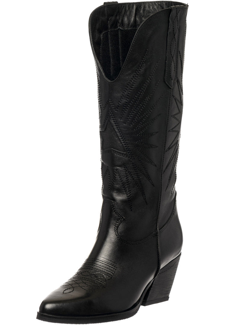 A stylish pair of black Western block heel boots, perfect for adding a touch of Western fashion to any outfit.
