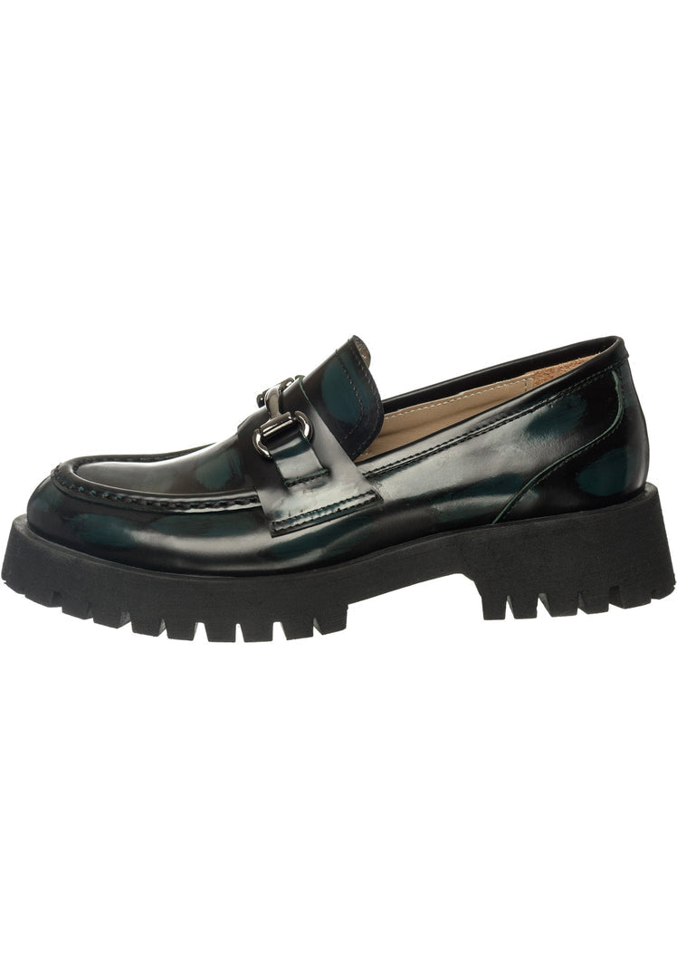 A pair of luxurious Josephine loafers in dark green, gold-bit design - the epitome of luxe glide shoes for women.