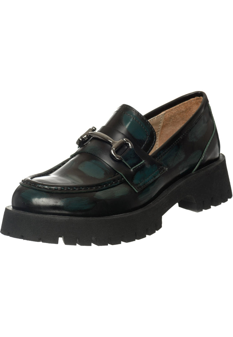 A stylish pair of gold-bit Josephine loafers, luxurious dark green footwear exuding elegance and sophistication - perfect for any fashion-forward woman.