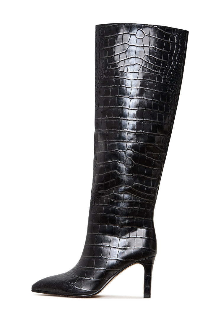 A stylish pair of black leather knee-high Hildi boots for women, perfect for adding a touch of fashion to any outfit.