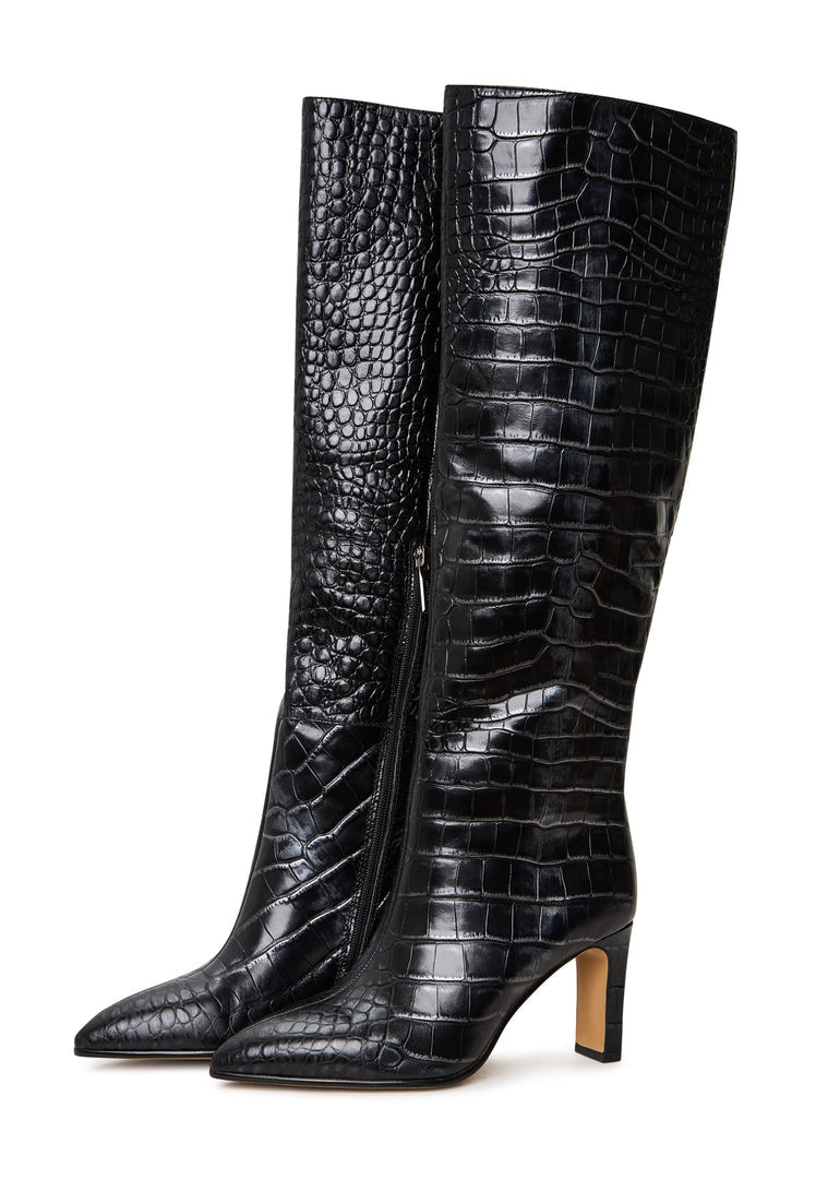 A trendy pair of black leather knee-high Hildi boots, the perfect fashion footwear for women.