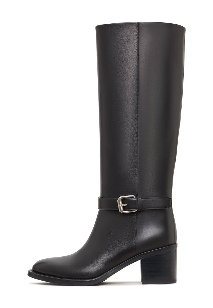 A stylish pair of black leather knee-high boots with a trendy block heel, also known as Beth knee-high boots.
