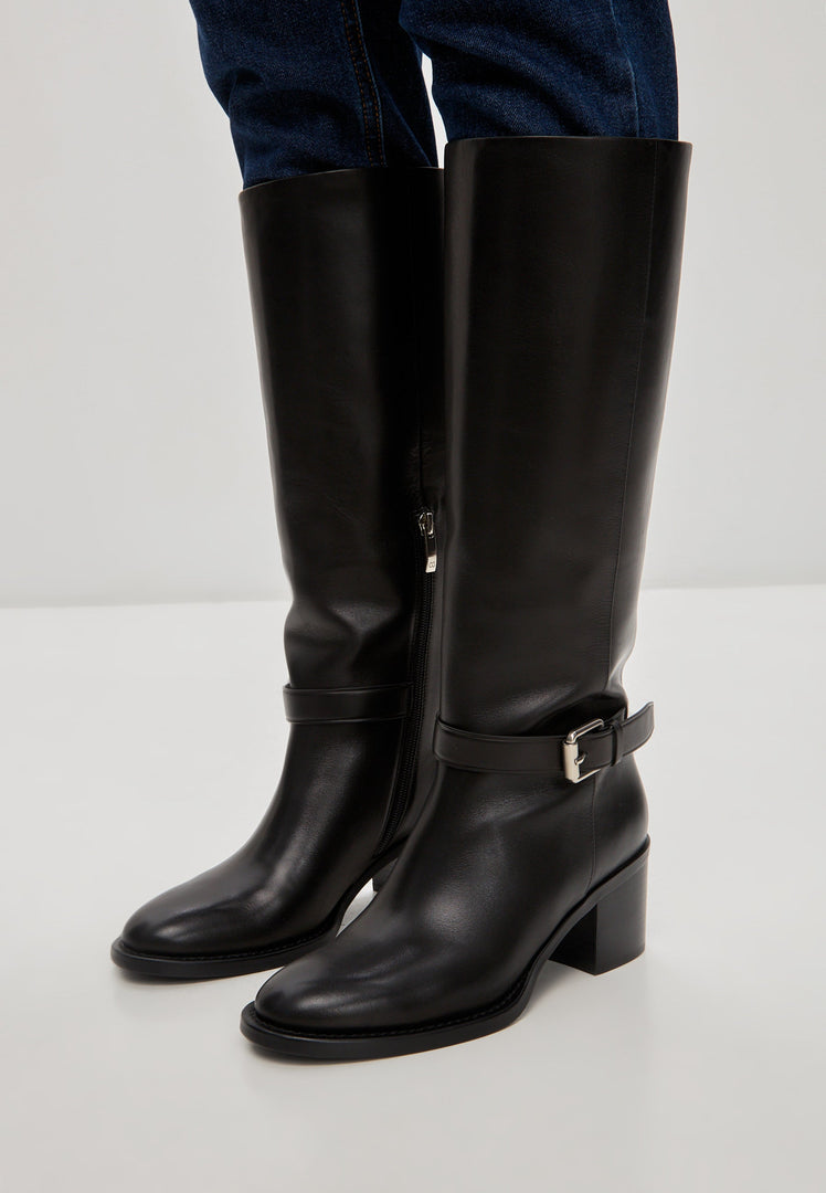A stylish pair of black leather knee-high block heel boots, also known as Beth knee-high boots.