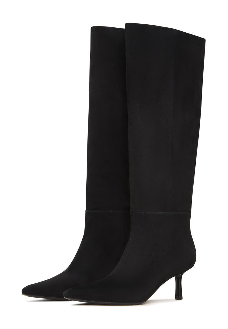 A pair of stylish black women's suede slouchy boots with a chic design, known as the Stella boots.
