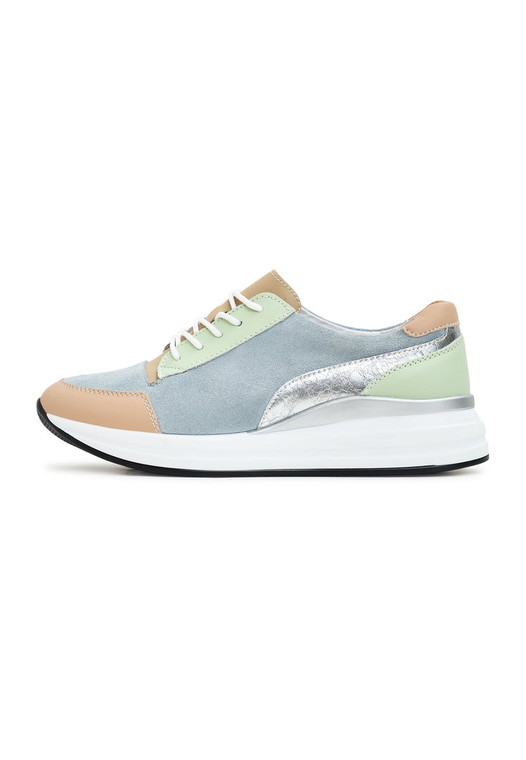 A pair of stylish blue leather sneakers with Eva soles, perfect for all-day comfort and support in your favorite athletic activities.