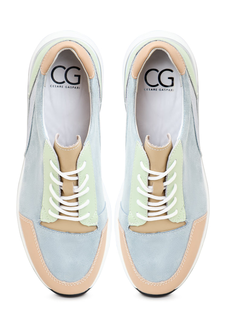 A pair of stylish blue leather sneakers with Eva soles - the perfect blend of comfort and style for everyday wear.