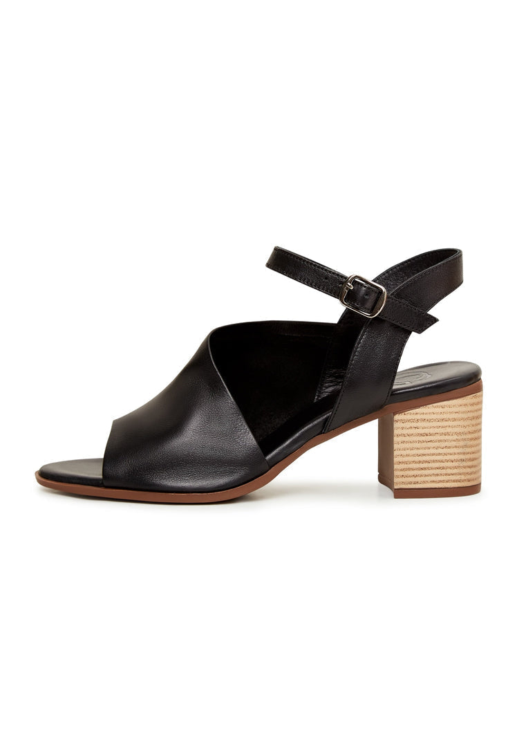 A pair of black leather block heel sandals featuring a stylish and comfortable design, perfect for any occasion.