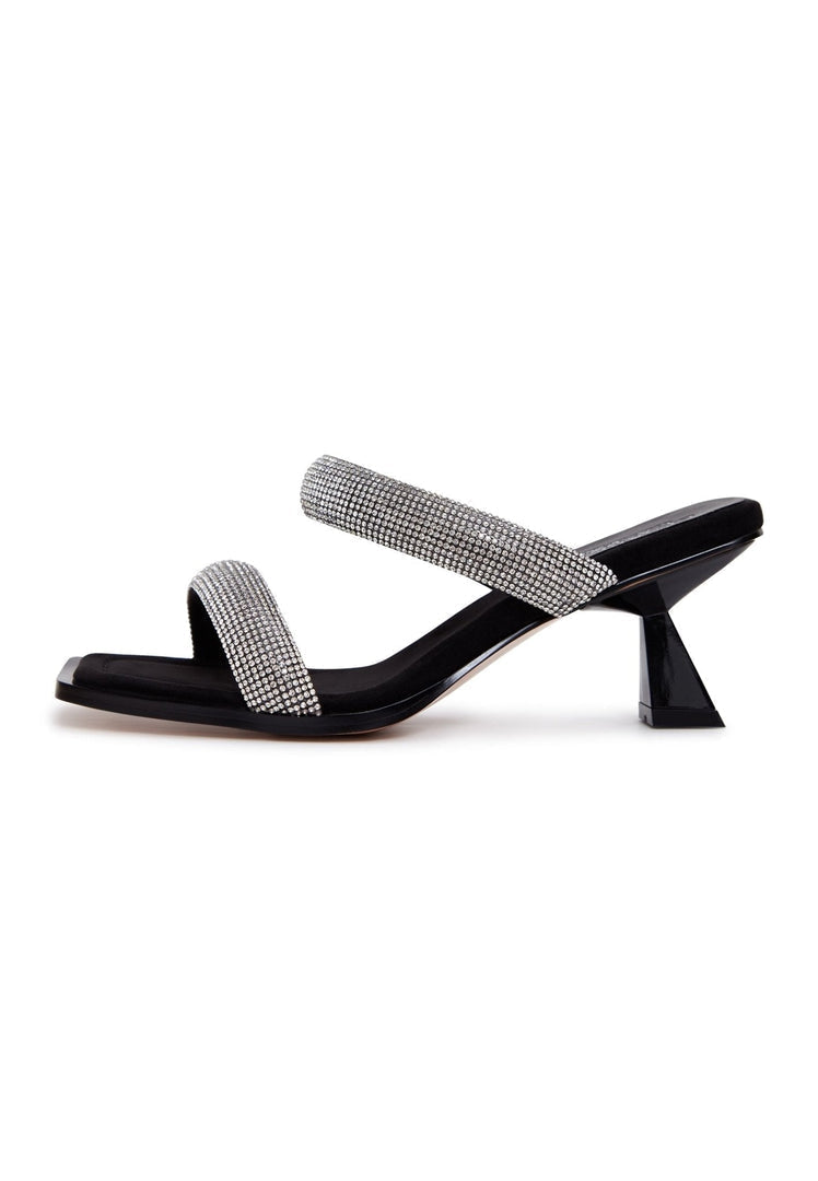 A stylish pair of black suede high heels with jewel embellishments, perfect for women who love designer luxury footwear.