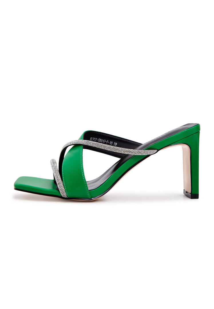 A stylish pair of green strappy women's high heels sandals, perfect for fashion-forward individuals.