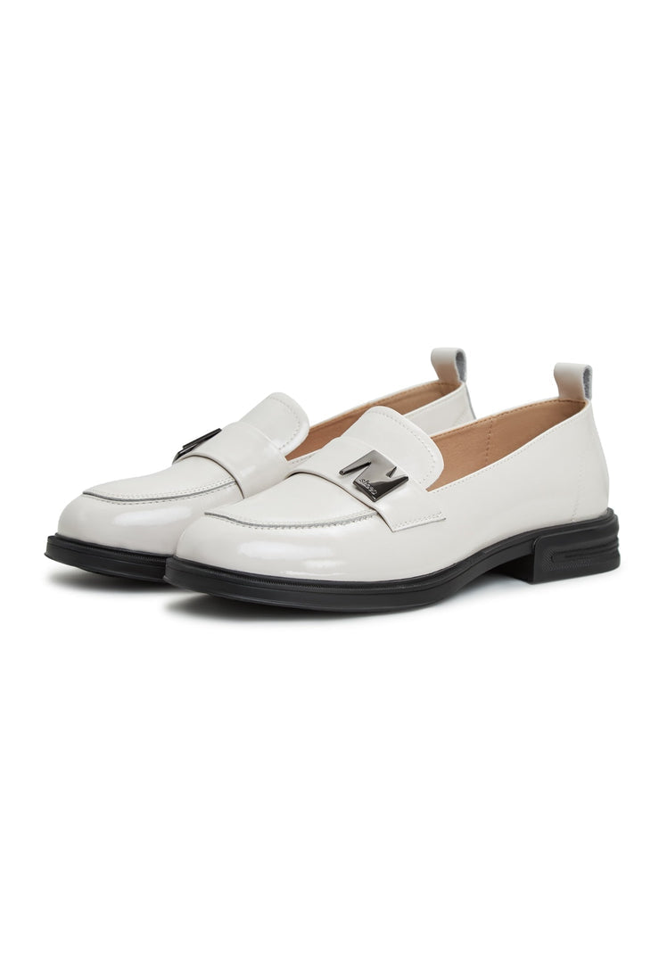 An image of fashionable white block heel loafers, perfect for women looking for stylish and comfortable slip-on shoes.