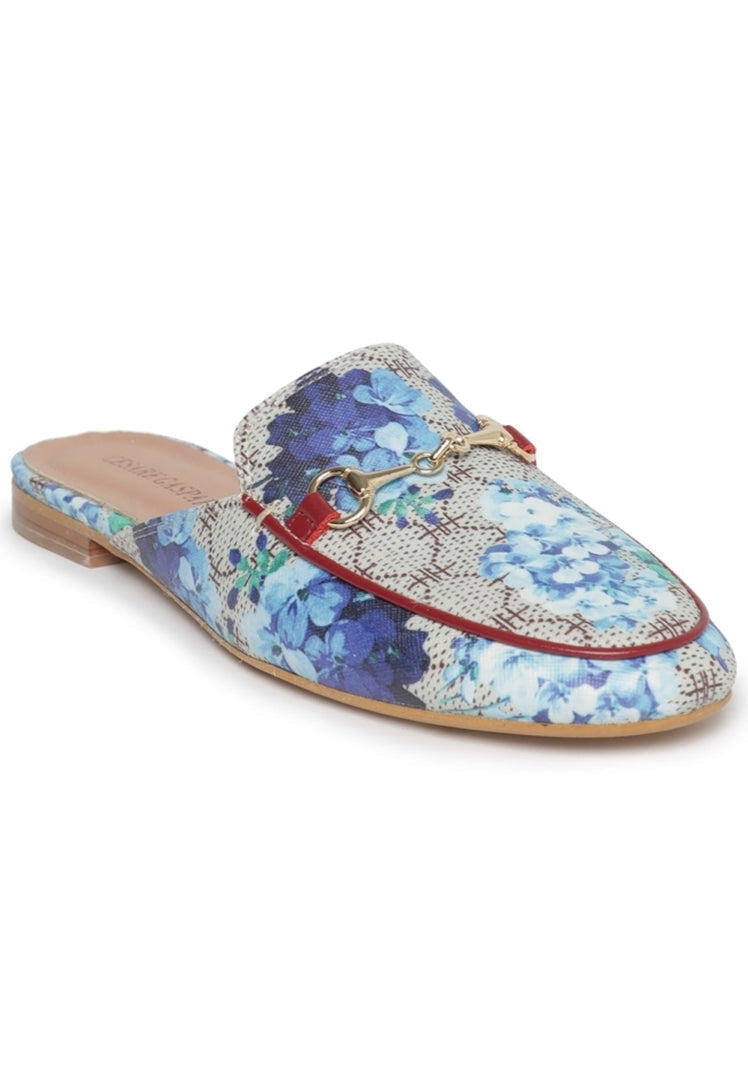 A stylish pair of Amelie canvas print leather loafers, designer handmade leather loafers with intricate details.