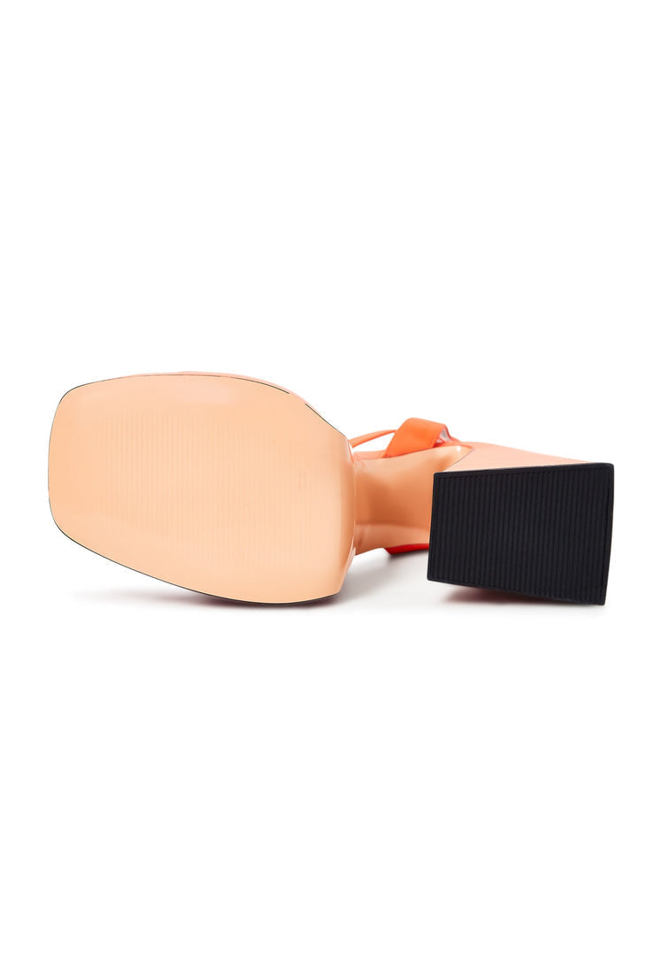 A pair of sophisticated high heel orange sandals, perfect for women's fashion.