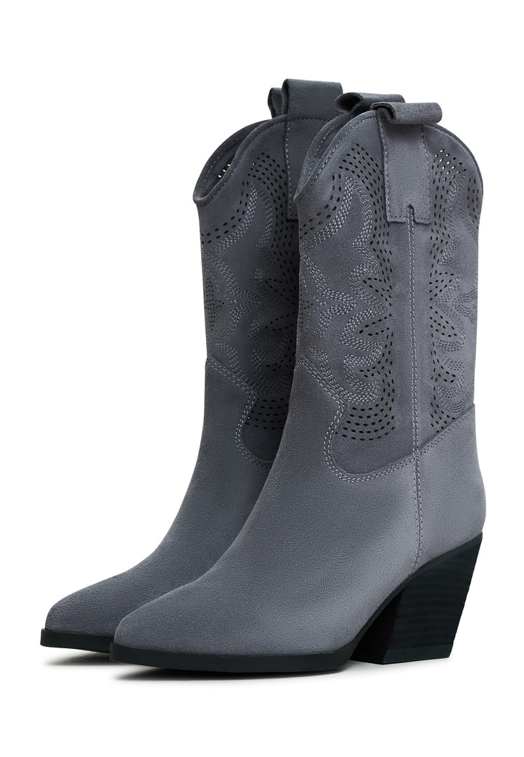 A pair of stylish grey suede Elena cowboy boots for women, perfect for a western inspired look.