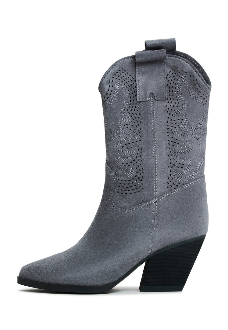 A pair of stylish suede cowboy boots in grey, known as Elena Cowboy Boots, perfect for women's western wear.