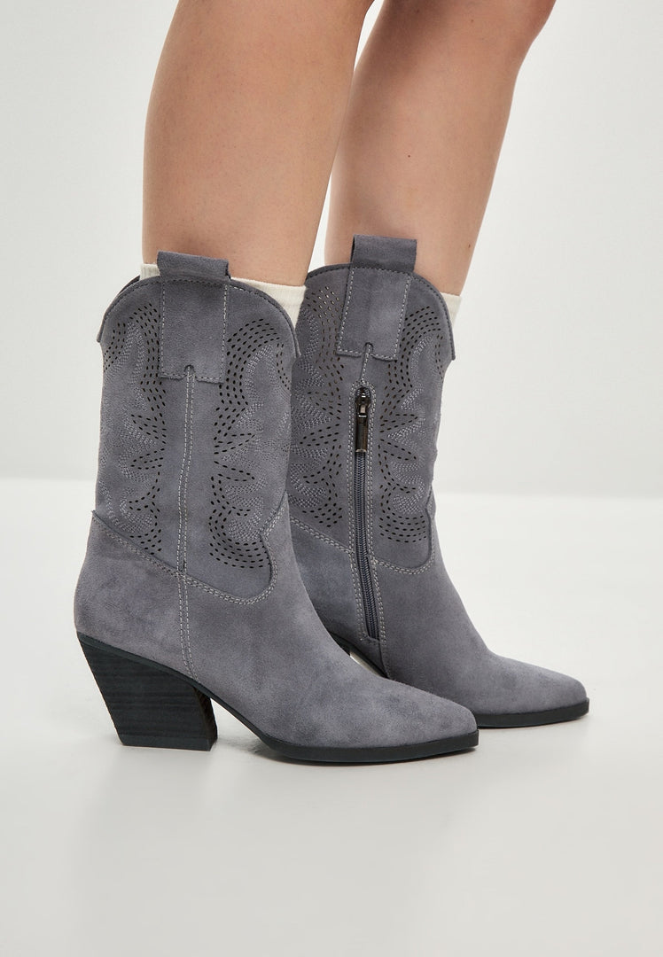 A stylish pair of Elena suede cowboy boots in grey for women, perfect for a touch of Western flair.