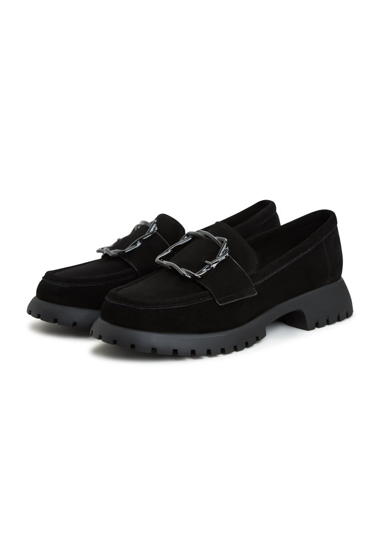A pair of vintage style black platform loafers for women, known as Jenny platform loafers.