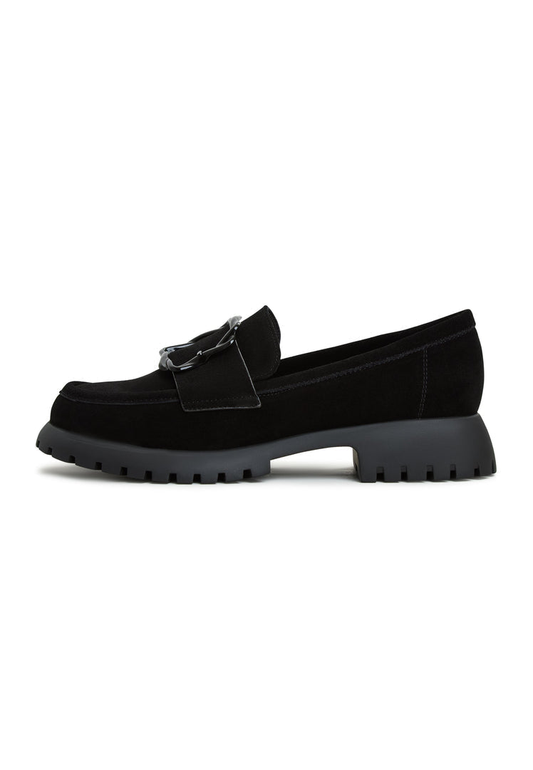 A pair of black women's platform loafers, the Jenny platform loafers, featuring a vintage style design.