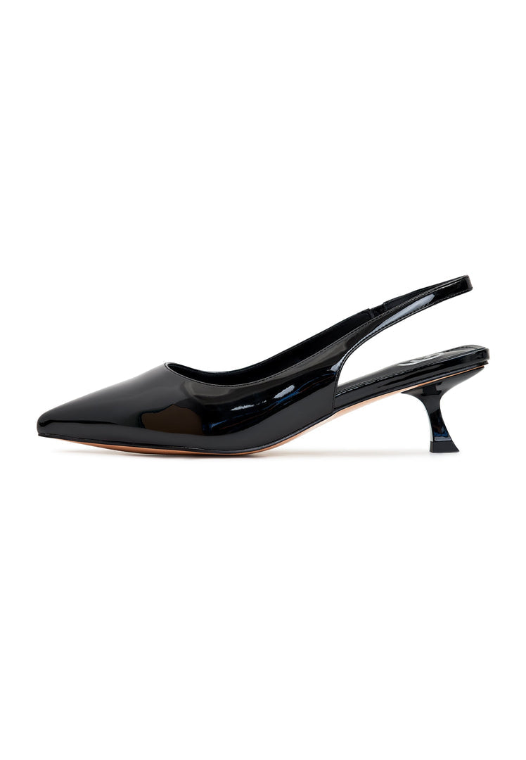 A pair of chic and elegant black stiletto pumps, perfect high-heeled shoes for women's formal outfits.