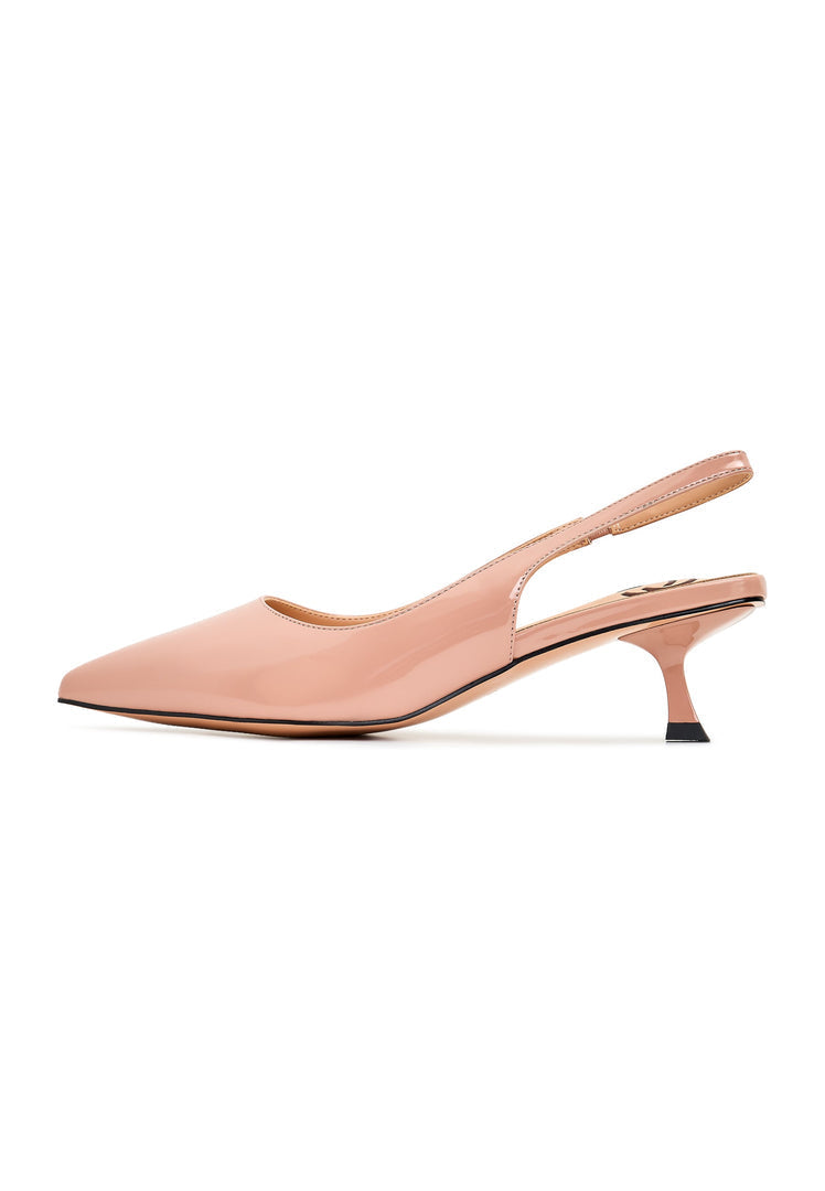 A pair of stylish Eli beige stiletto heeled pumps - women's pumps with high heel shoes in beige color.