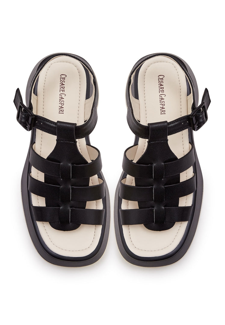 A stylish pair of black leather Joanna sandals for women, featuring high heels and platform design - perfect for elevating any outfit.