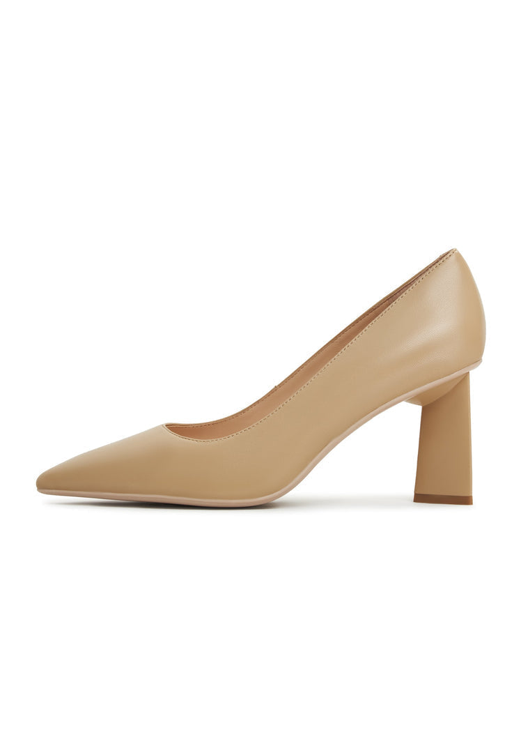 A stylish pair of Silvia beige block heel pumps, perfect for trendsetting women.