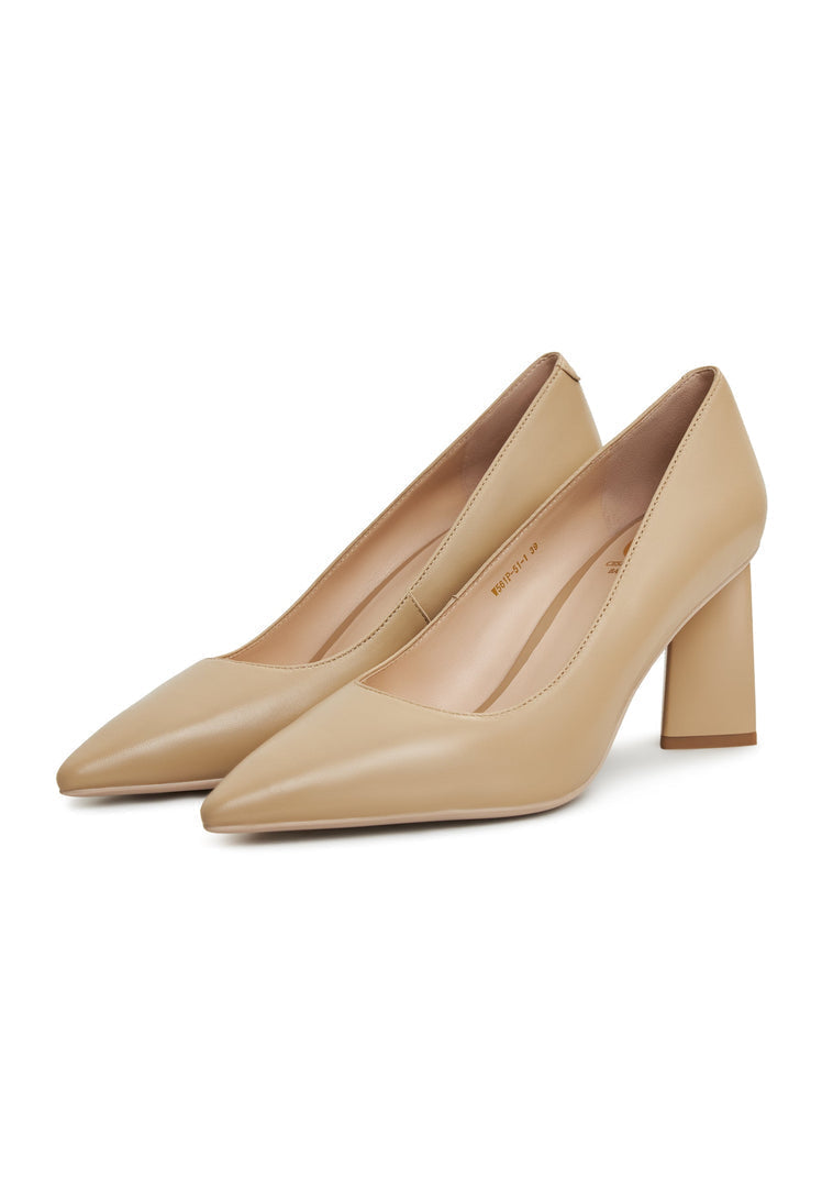 A trendy pair of women's block heel pumps in Silvia beige, perfect for any occasion.