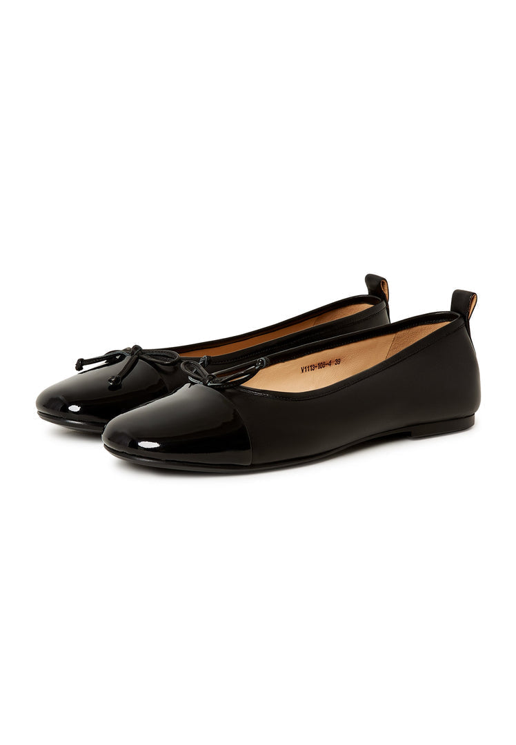 A pair of stylish black patent leather ballerinas, known as Mila ballerinas, ideal women's leather shoes for any occasion, including black patent flats.
