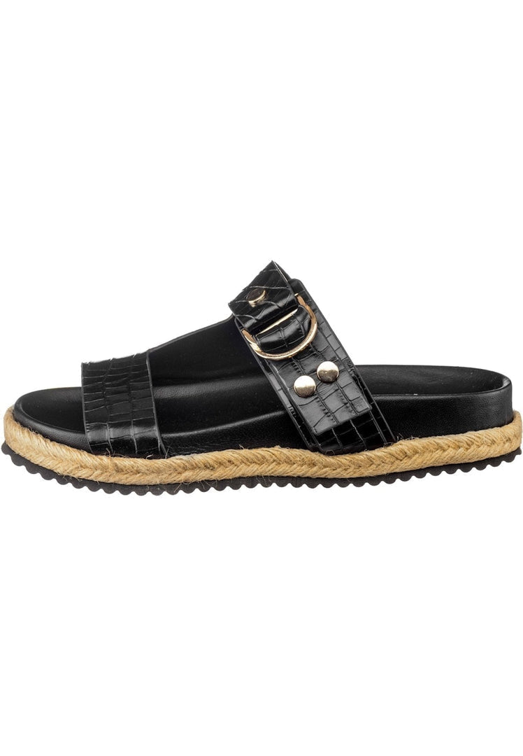 A close-up image of women's casual black slide sandals with buckle strap detail.