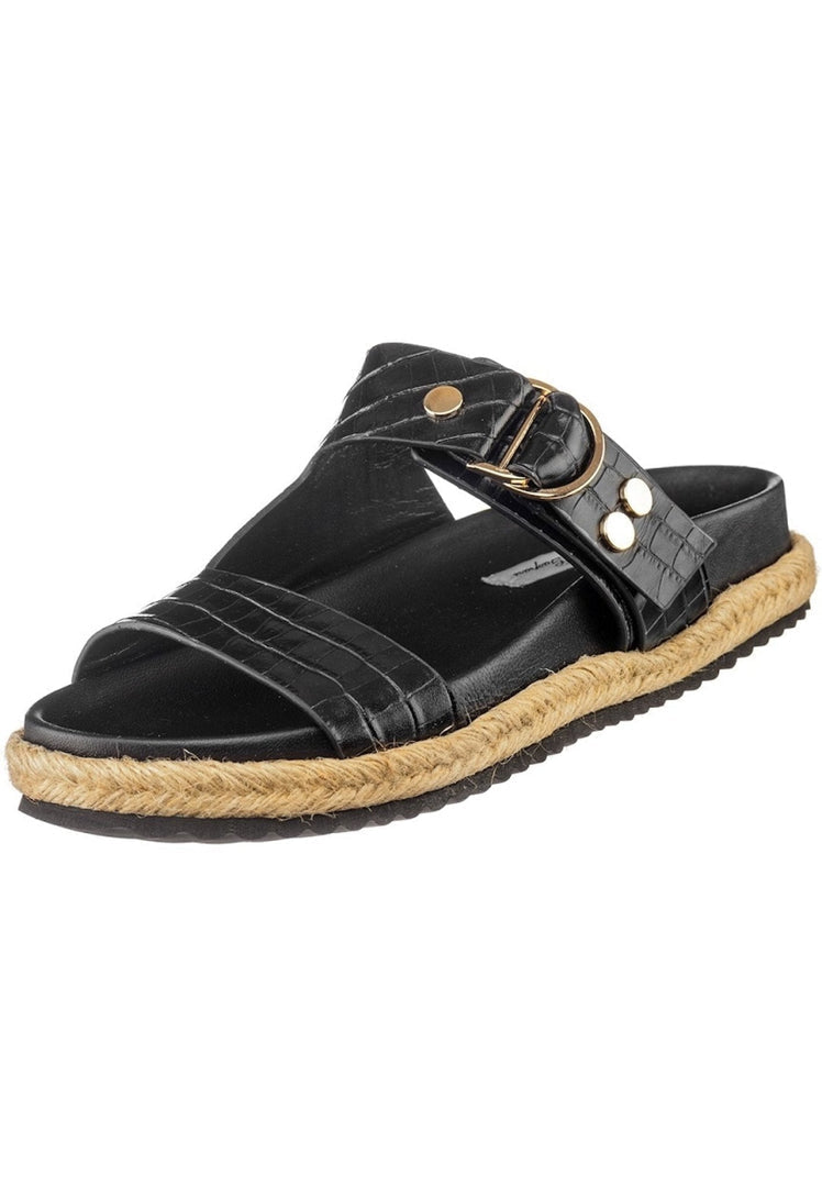 A pair of sleek women's black slide sandals with buckle straps, perfect for casual wear.