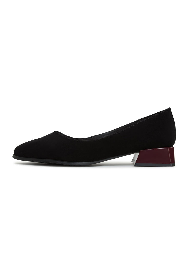 A pair of stylish black suede Ingrid ballerinas with block heel for women.