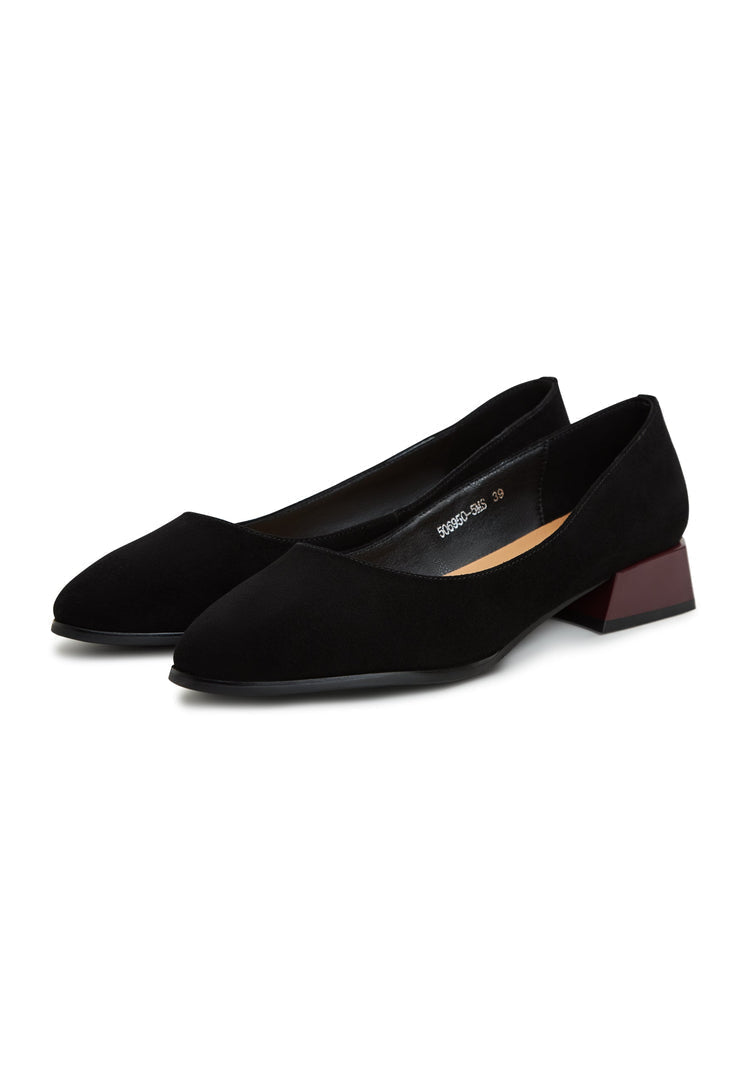 A stylish pair of black suede Ingrid ballerinas - women's block heel shoes with a classic and comfortable design.