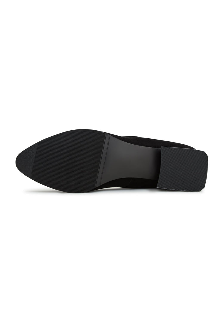 A pair of stylish Ingrid ballerinas in black suede with block heels, perfect for women looking for chic and comfortable footwear.
