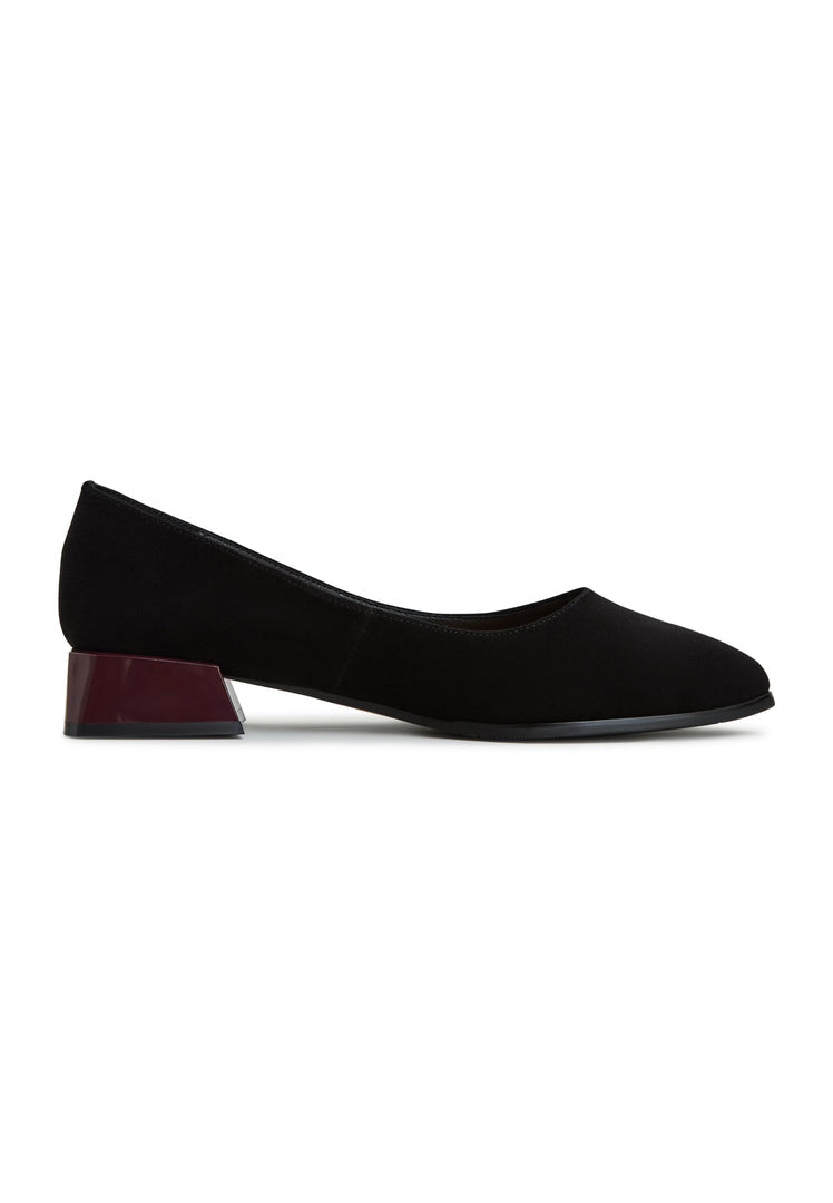 A pair of stylish black suede Ingrid ballerinas, women's block heel shoes perfect for any occasion.