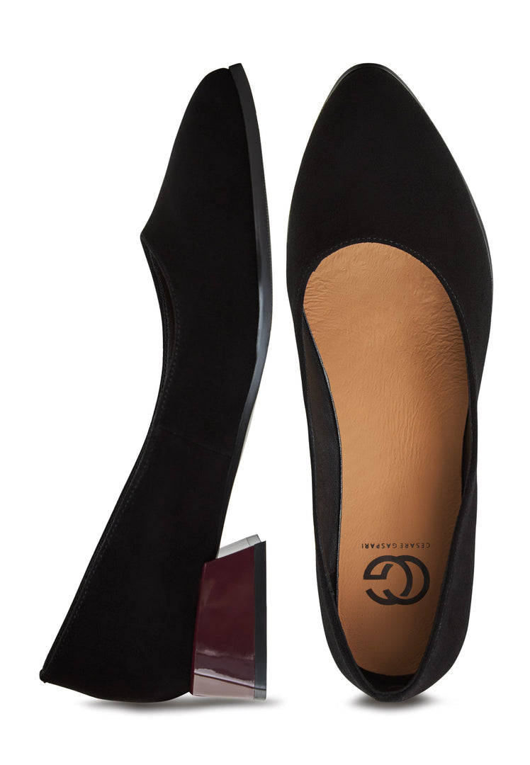 A close-up image of stylish black suede Ingrid ballerinas, women's block heel shoes perfect for any occasion.