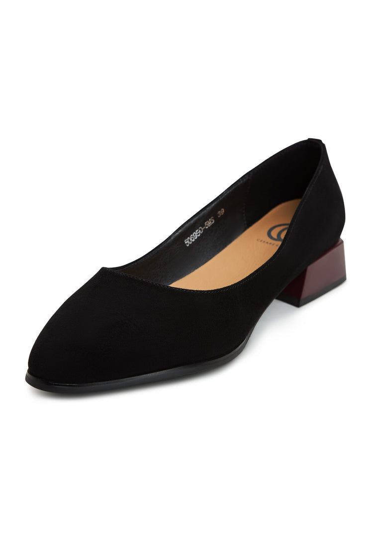 A stylish pair of black suede Ingrid ballerinas, women's block heel shoes with a trendy block heel design.