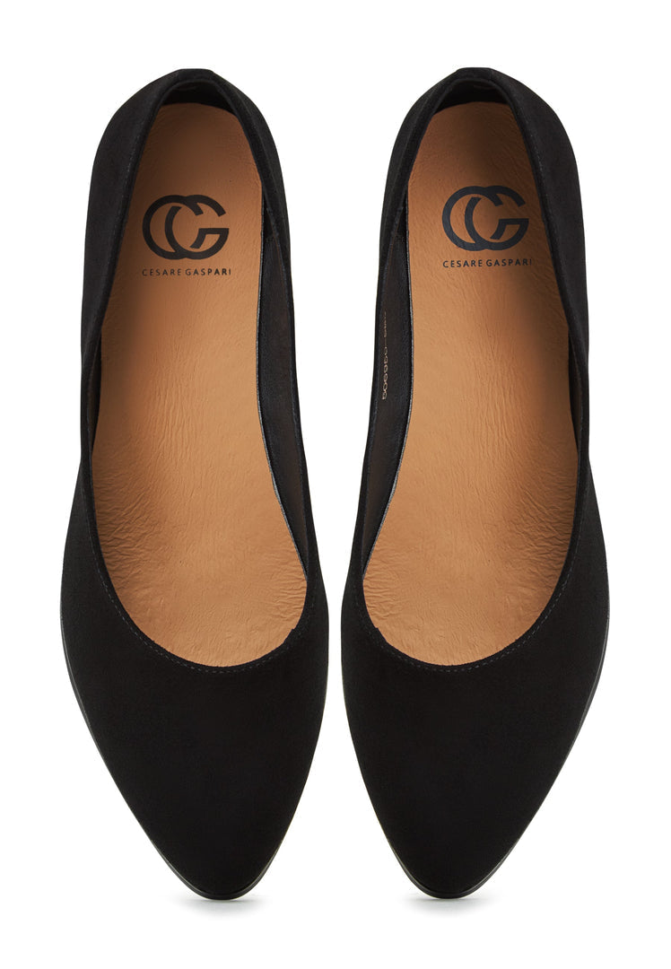 A pair of stylish black suede Ingrid block heel ballerinas, the perfect women's block heel shoes for any occasion.